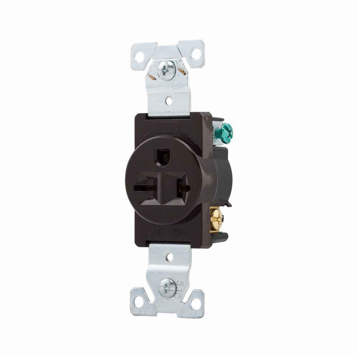 Eaton 5461B Arrow Hart extra heavy-duty industrial specification grade single receptacle,#14-10 AWG,20A,Industrial,Flush,250V,Back and side,Brown,Brass,Impact-resistant nylon face,Glass-filled nylon base,6-20R,Single,Screw,Core pack