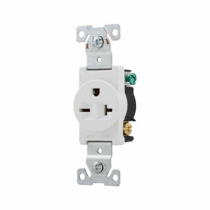 Eaton 5461W Arrow Hart extra heavy-duty industrial specification grade single receptacle,#14-10 AWG,20A,Industrial,Flush,250V,Back and side,White,Brass,Impact-resistant nylon face,Glass-filled nylon base,6-20R,Single,Screw,Core pack