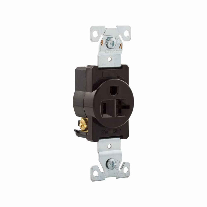 Eaton 5361B Arrow Hart extra heavy-duty industrial specification grade single receptacle, #14-10 AWG, 20A, Industrial, Flush, 125V, Back and side, Brown, Brass, Nylon, 5-20R, Single, Screw, Nylon, Core pack