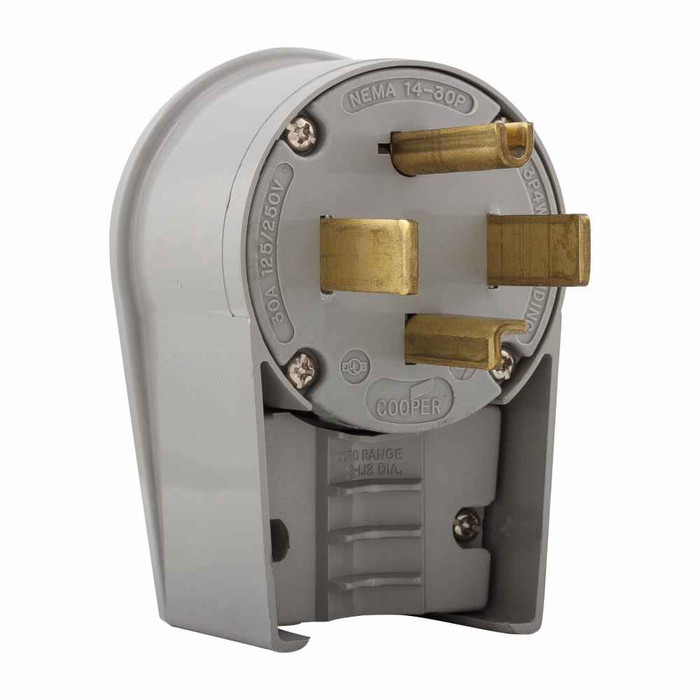 Eaton 5732AN Arrow Hart extra heavy-duty angled plug , #12-4 AWG, 30A, Industrial, 125/250V, Back wire, Gray, Brass, Nylon, 14-30P, Three-pole, four-wire, grounding, Screw, Nylon, Core pack