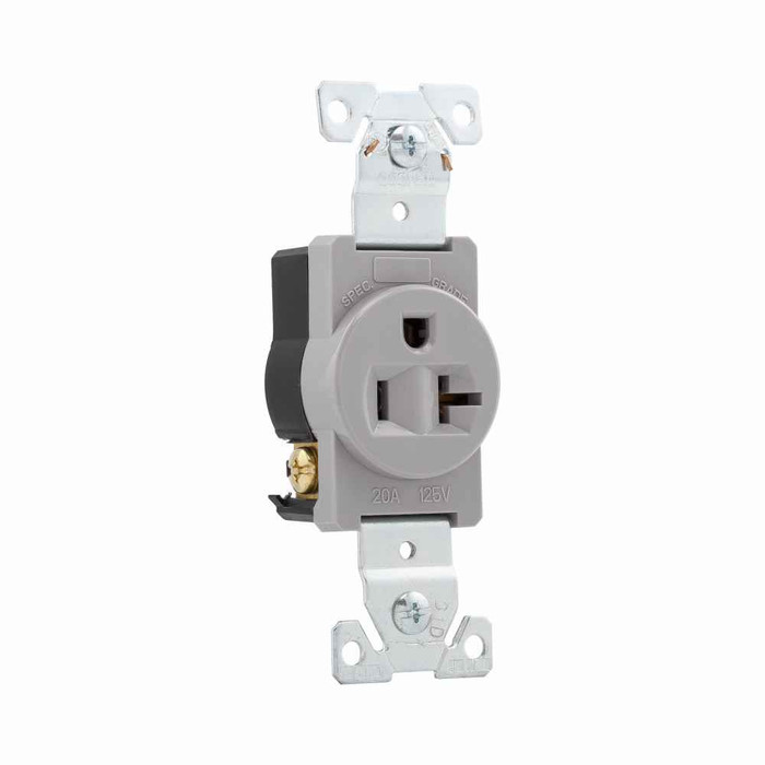 Eaton 5361GY Arrow Hart extra heavy-duty industrial specification grade single receptacle, #14-10 AWG, 20A, Industrial, Flush, 125V, Back and side, Gray, Brass, Nylon, 5-20R, Single, Screw, Nylon, Core pack
