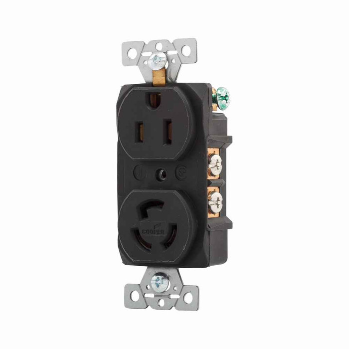 Eaton 5792 safety grip locking straight blade receptacle, #16-12 AWG, 15A, Industrial, 125V, Back wiring, Black, Brass, L5-15, Two-pole, Three-wire, Glass-filled nylon, -40° to 60°C