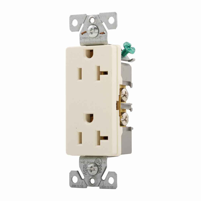 Eaton 6352A-BU heavy-duty industrial specification grade decorator duplex receptacle, #14-10 AWG, 20A, Commercial, Flush, 125V, Back and side, Almond, Brass, Nylon, 5-20R, Duplex, Screw, PVC, Bulk