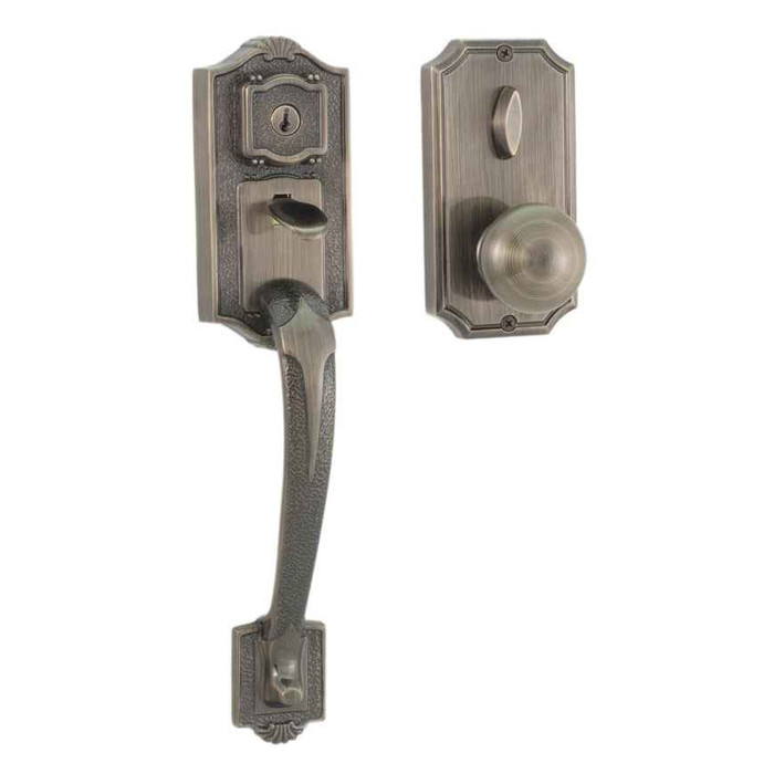 Weslock 1411 Colonial Handleset with Impresa Knob, Deadbolt Keyed One Side, Antique Brass finish — exterior handleset and interior knob shown