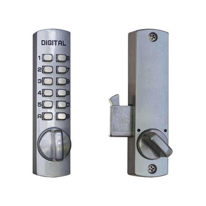Lockey C150 Mechanical Hook Bolt Keyless Combination Lock for Sliding Doors – Satin Chrome, front and side view showing keypad and hook bolt