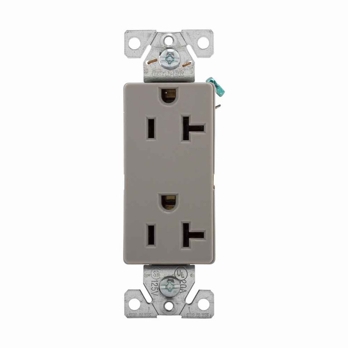 Eaton 6352GY-BU heavy-duty industrial specification grade decorator duplex receptacle, #14-10 AWG, 20A, Commercial, Flush, 125V, Back and side, Gray, Brass, Nylon, 5-20R, Duplex, Screw, Nylon, Bulk