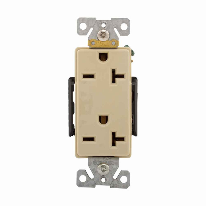 Eaton 6462V Arrow Hart extra heavy-duty industrial specification grade decorator duplex receptacle, #14-10 AWG, 20A, Industrial, Flush, 250V, Back and side, Ivory, Brass, Glass filled Nylon, 6-20R, Duplex, Screw, Glass-filled nylon, Core pack