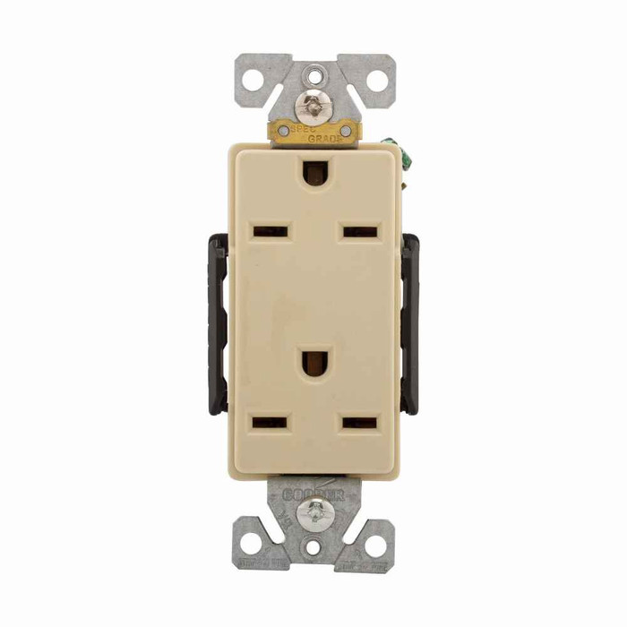 Eaton 6662V Arrow Hart extra heavy-duty industrial specification grade decorator duplex receptacle, #14-10 AWG, 15A, Industrial, Flush, 250V, Back and side, Ivory, Brass, Glass filled Nylon, 6-15R, Duplex, Screw, Glass-filled nylon, Core pack