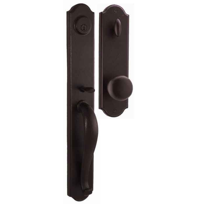 Weslock 7680 Wiltshire keyed entry handleset with Wexford knob, Oil Rubbed Bronze, exterior and interior view