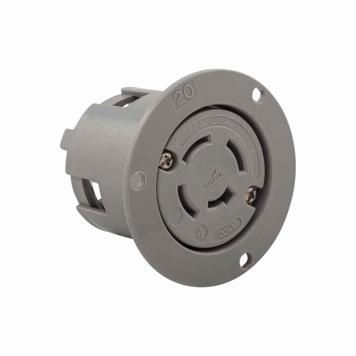 Eaton 7409N safety grip locking flanged outlet , #14-8 AWG, 20A, Industrial, 120/208V, Back wiring, Non-NEMA, Four-pole, Four-wire, Nylon