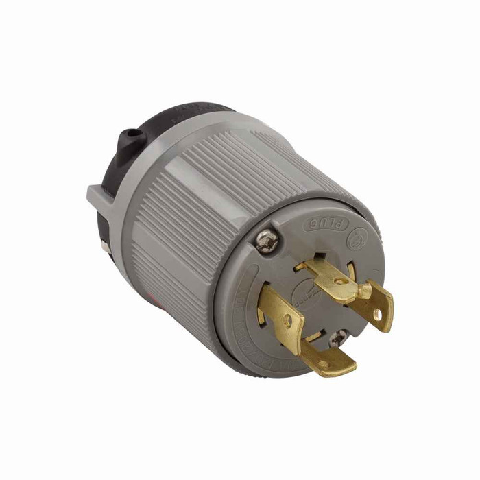 Eaton 7411C safety grip locking plug, #16-12 AWG, 20A, Industrial, 120/208V, Back wiring, Gray, Safety grip, Non-NEMA, Four-pole, Four-wire, Nylon