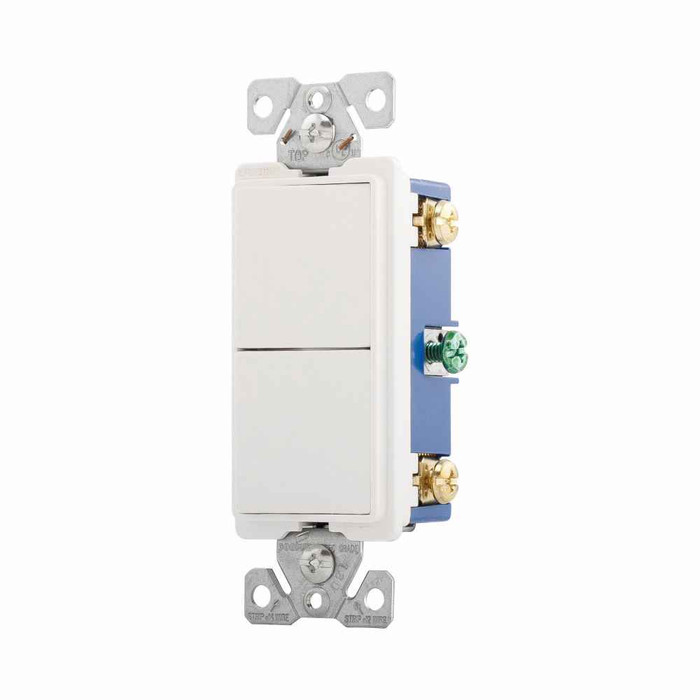 Eaton 7732W-BOX commercial grade combination switch, auto-grnd, Decorator, #14 - #12 AWG, 15A, resi, comm, 120/277V, bk and sd wiring, Rocker, Maint closure, Screw, Brass, wht, -20-60?C, (1) 1-pole, (1) 3-way, dplx, thermoplas, polycrb, PVC Eaton 7732W-BOX commercial grade combination switch, auto-grnd, Decorator, #14 - #12 AWG, 15A, resi, comm, 120/277V, bk and sd wiring, Rocker, Maint closure, Screw, Brass, wht, -20-60?C, (1) 1-pole, (1) 3-way, dplx, thermoplas, polycrb, PVC