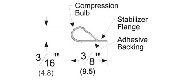 Pemko PK33 silicone perimeter gasketing cross-section diagram showing 3/8" width, 3/16" height, compression bulb, stabilizer flange, and adhesive backing