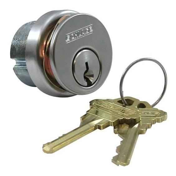Schlage Commercial 20-001 1-1/8" 6-Pin Mortise Cylinder with Straight Cam, Compression Ring, and Spring - 626 Satin Chrome finish shown with keys