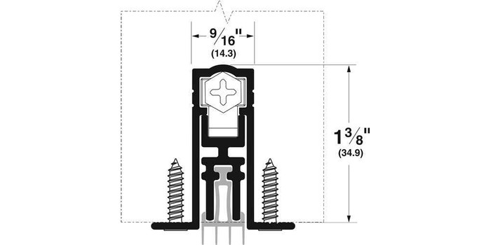 Pemko STC411 Automatic Door Bottom cross-section diagram showing 9/16 inch width and 1-3/8 inch height dimensions with mounting screws