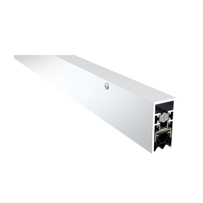 Pemko 4301 automatic door bottom, clear anodized aluminum, surface mounted, 3/4 in. drop, fire rated, retracted position showing actuator pin
