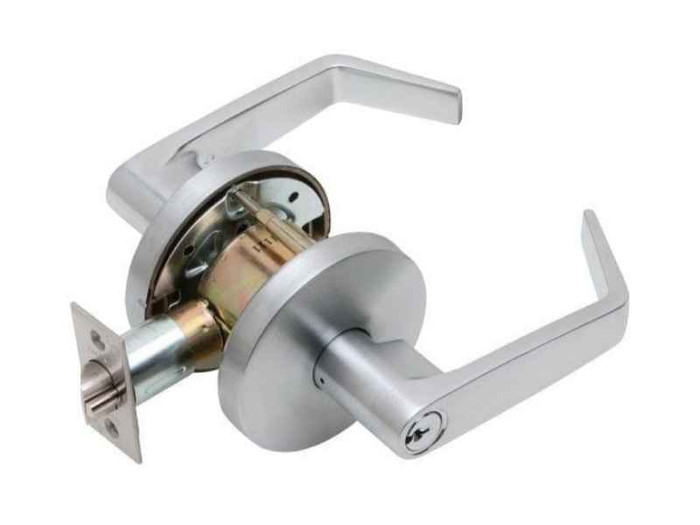Falcon W511 Grade 2 Entry/Office Cylindrical Lever Lock — Avalon lever, satin chrome finish, standard rose, with latchbolt and strike, front and back view