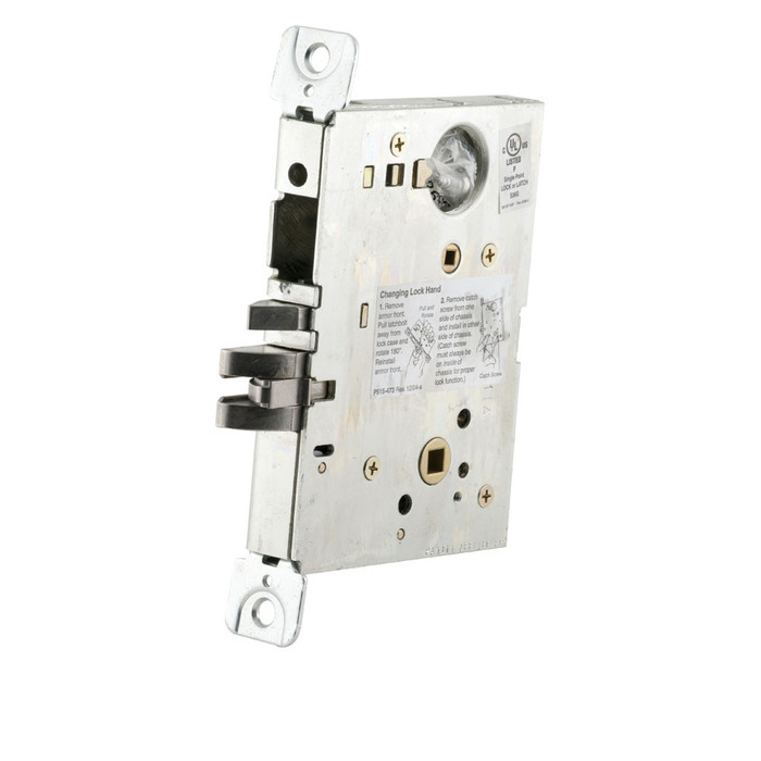 Schlage L9000 Series Mortise Lock Body Only — angled view showing latch bolt, deadbolt, and internal case components