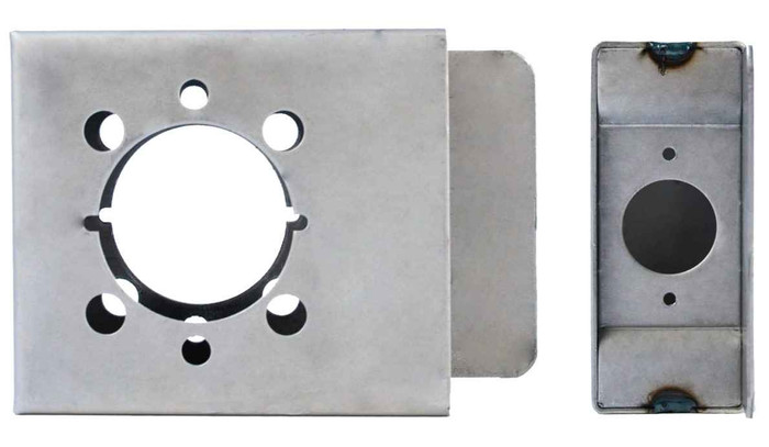 Keedex K-BXRHO weldable gate box front plate and box body, 14 gauge steel, universal hole pattern for Schlage Rhodes and compatible lever sets