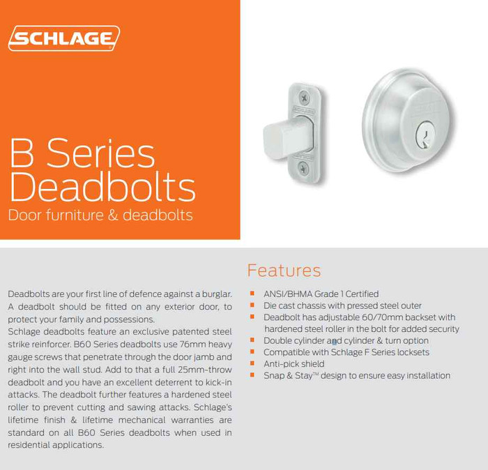 Schlage Residential B60 Single Cylinder Keyed Entry Grade 1 Deadbolt