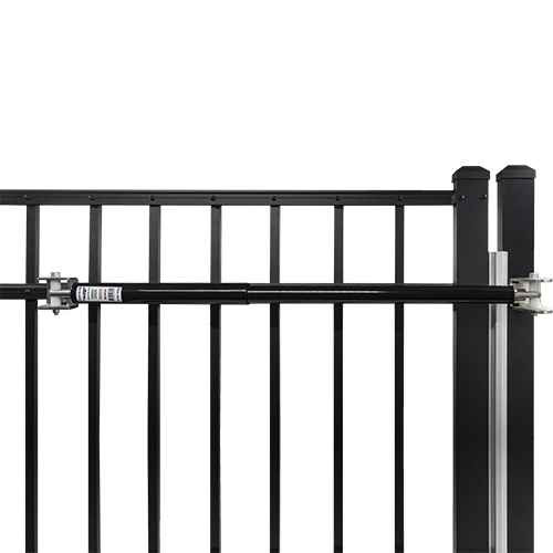 Lockey TB Series hydraulic gate closer installed on a black steel gate, showing closer body and mounting brackets in Black finish
