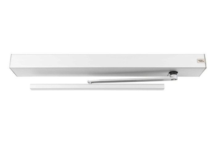 Dormakaba DORMA ED100LE Low Energy Swing Door Operator — clear anodized aluminum finish, unit and arm components shown uninstalled on white background