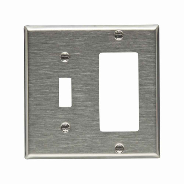 Eaton 93432-BOX Combination wallplate, Stainless steel, Toggle, Decorator Cutout, Stainless steel, Two- gang, Standard, ED Box