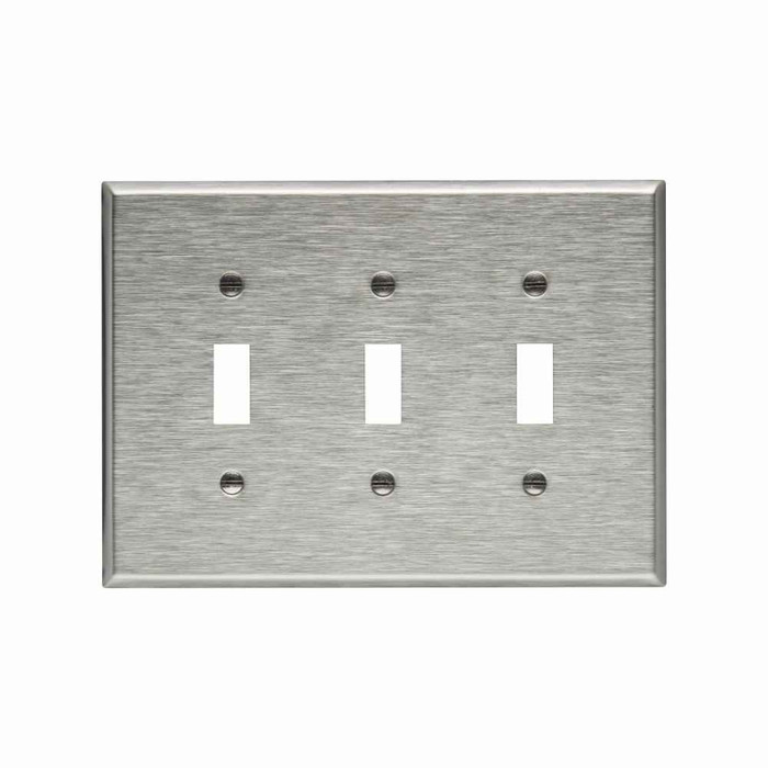 Eaton 93973-BOX Toggle wallplate, Stainless steel, Toggle Cutout, Stainless steel, Three- gang, Mid-size, ED Box