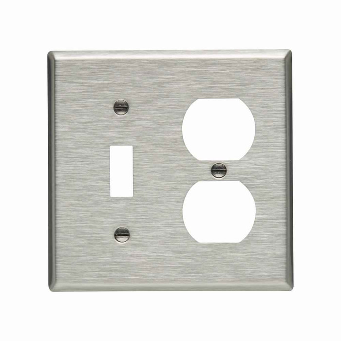 Eaton 93532-BOX Combination wallplate, Stainless steel, Toggle, Duplex receptacle Cutout, Stainless steel, Two- gang, Standard, ED Box