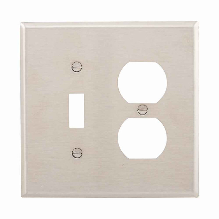 Eaton 93932-BOX Combination wallplate, Stainless steel, Toggle, Duplex receptacle Cutout, Stainless steel, Two- gang, Mid-size, ED Box