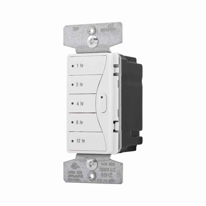 Eaton 9591AW Aspire hour timer, 1, 2, 4, 8, 12 hour default time settings, 15A, 120V, Wire leads, Five button, Alpine white, Load type: Incandescent, halogen, MLV, ELV, fluorescent, CFL, LED, Single-pole, Polycarbonate, 1800W