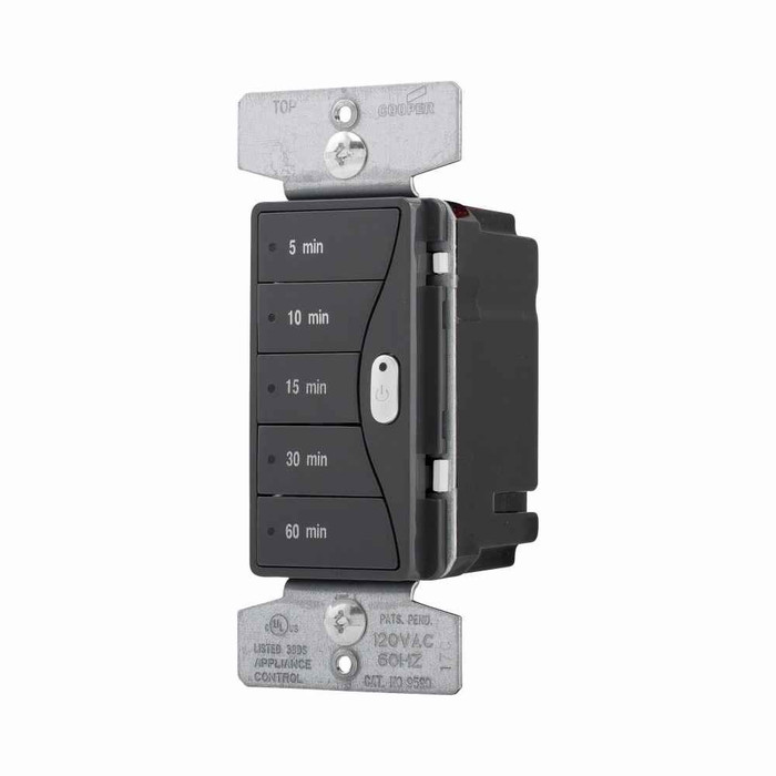 Eaton 9590SG Aspire minute timer, 5, 10, 15, 30, and 60 minute default time settings, 15A, 120V, Wire leads, Five button, Silver granite, Load type: Incandescent, halogen, MLV, ELV, fluorescent, CFL, LED, Single-pole, Polycarbonate, 1800W