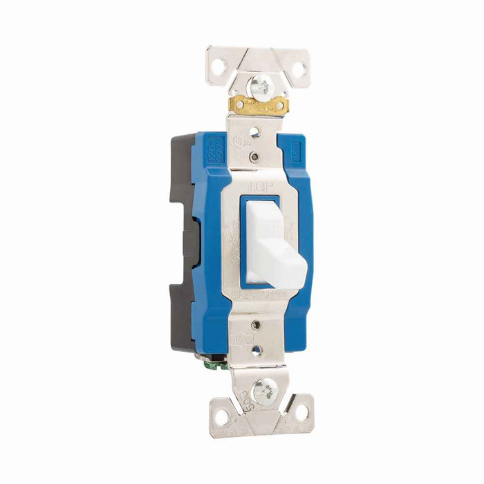 Eaton AH1201W-BU Arrow Hart industrial grade toggle switch, #14-10 AWG, 15A, Industrial, Flush, 120/277V, Back and side, Screw, White, Single-Pole, Single-Pole, Brass, Polycarbonate