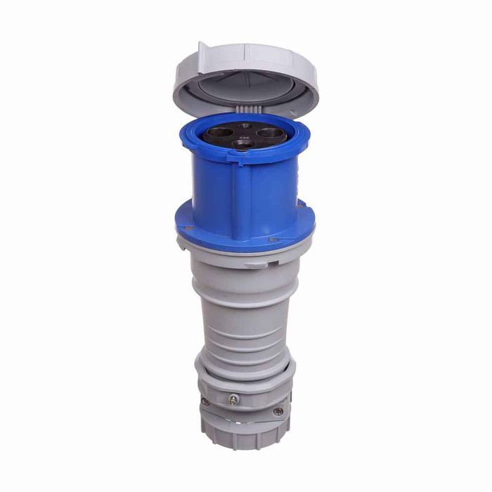 Eaton AH3125C6W Arrow Hart pin and sleeve connector, IP69K Rated, #4 -1/0 AWG, #12 - #16 AWG (pilot), 125A, Extra Heavy-Duty, 220-240V, Back wire, Blue, Nickel plated brass, IP67, Nylon, Two-pole, 3-wire, grounding, 0.97-1.94in (2.46-5.00cm), Female