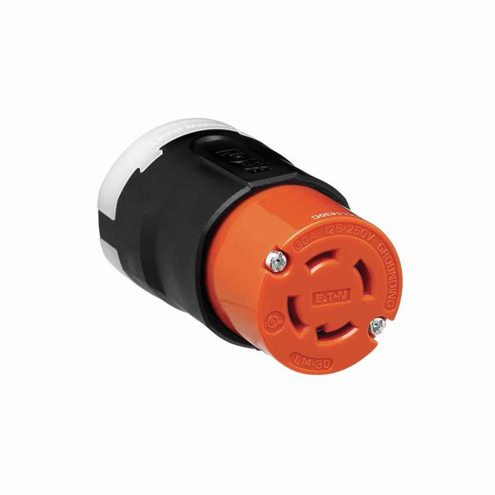 Eaton AHCL1430C Arrow Hart Color Coded Locking Connector, #14-8 AWG, 30A, Industrial, 125/250V, Back, Orange, Black, Ultra grip, Nylon, L14-30, Three-pole, Four-wire, Nylon, 0.38 - 1.16" (9.5 - 29.5mm), -40°C (w/o impact) to 60°C (-40°F to 140°F)