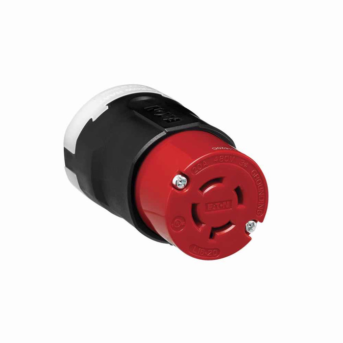 Eaton AHCL1620C Arrow Hart Color Coded Locking Connector, #14-8 AWG, 20A, Industrial, 480 V, Back, Red, Black, Ultra grip, Nylon, L16-20, Three-pole, Four-wire, Nylon, 0.38 - 1.16" (9.5 - 29.5mm), -40°C (w/o impact) to 60°C (-40°F to 140°F)