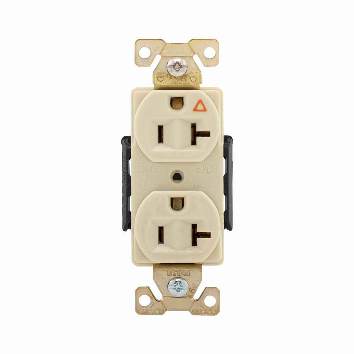 Eaton AHIG5362V Arrow Hart extra heavy-duty industrial specification grade duplex receptacle,#14 to 10 AWG,20A,Flush,125V,Back and side,Ivory,Brass,High-impact nylon face,Glass-filled nylon base,5-20R,Two-pole,three-wire,grounding,Screw,Core pack