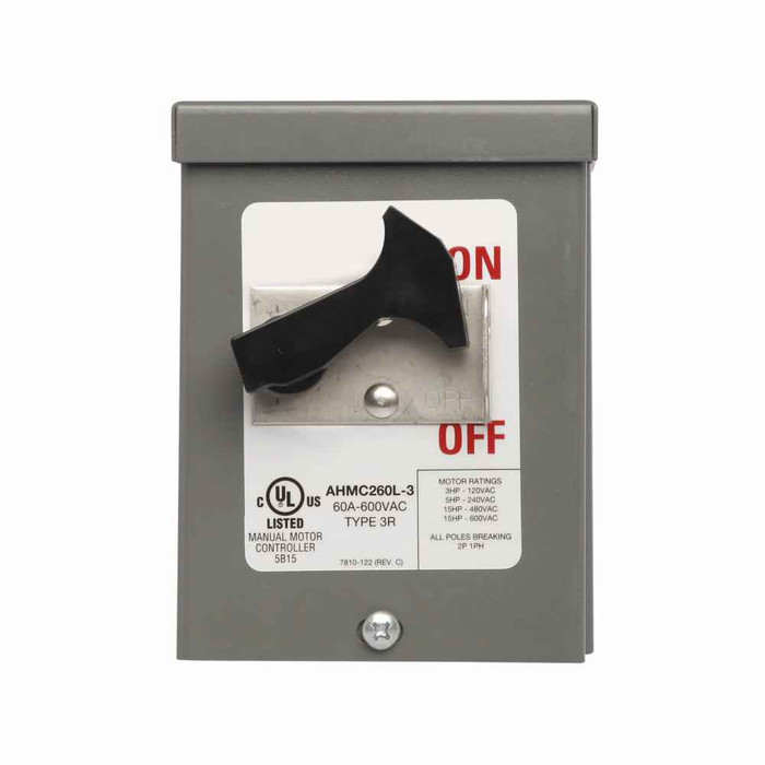 Eaton AHMC260L-3 manual motor controller, #14-4 AWG, 60A, Panel, 600V, Side wired box lug, Maintained contact, Gray, NEMA 3R, Enclosure: Copperless aluminum, Two-pole, Single-phase, Toggle, Copper-alloy terminal, Single-throw, Glass-filled nylon