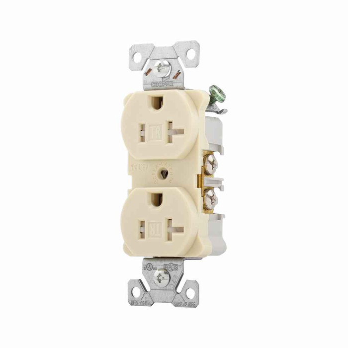 Eaton AHTR5362V Arrow Hart extra heavy-duty industrial specification grade duplex receptacle,#14-10 AWG,20A,Industrial,Flush,125V,Back and Side,Ivory,Brass,High-impact nylon face,Glass-filled nylon base,5-20R,Duplex,Screw,Nylon,Core pack