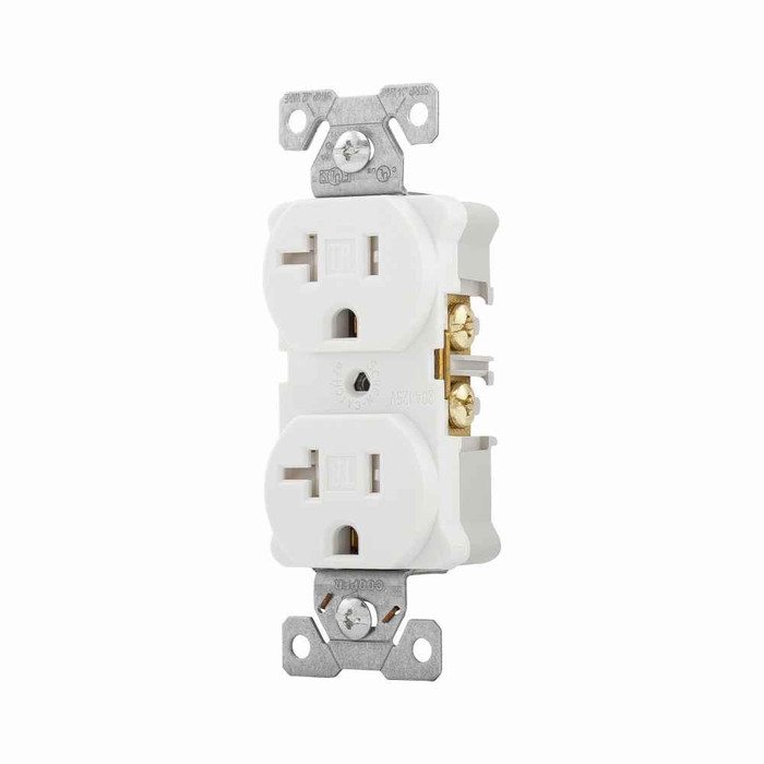 Eaton AHTR5362W Arrow Hart extra heavy-duty industrial specification grade duplex receptacle,#14-10 AWG,20A,Industrial,Flush,125V,Back and Side,White,Brass,High-impact nylon face,Glass-filled nylon base,5-20R,Duplex,Screw,Nylon,Core pack