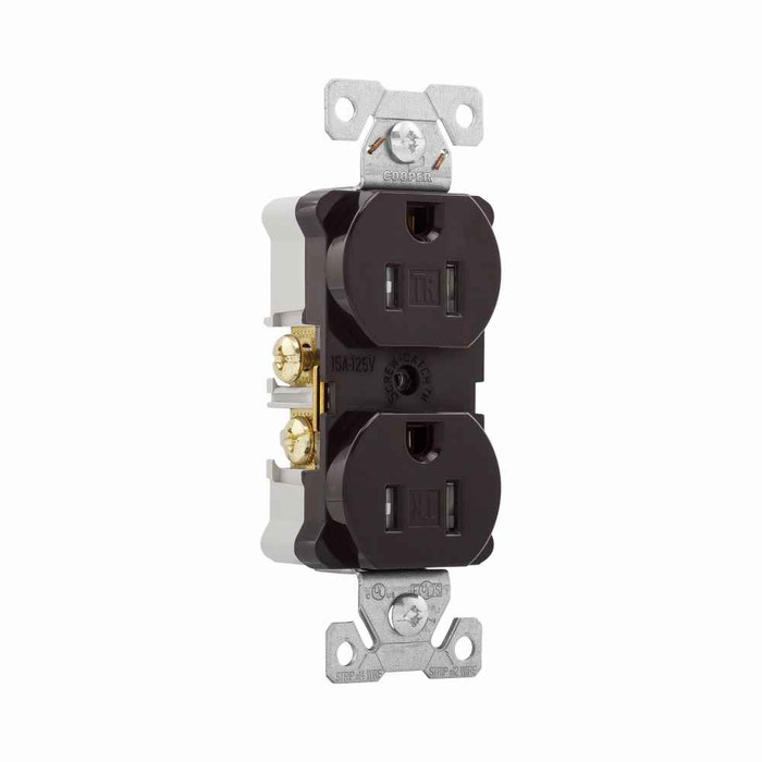 Eaton AHTR5262B Arrow Hart extra heavy-duty industrial specification grade duplex receptacle,#14-10 AWG,15A,Flush,125V,Back and side,Brown,Brass,High-impact nylon face,Glass-filled nylon base,5-15R,Two-pole,three-wire,grounding,Screw,Nylon,Core pack