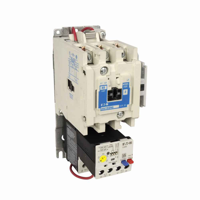 Eaton AN19GN0B5G045 Freedom NEMA motor control starter,NEMA Non-reversing Freedom Series starter,With C440 EOLR Ground fault feature set,SEL Reset,SEL Class (10,20),240V/60 Hz or 220V/50 Hz coil voltage,Horizontal mount,45A,9-45A fla range,Size 2