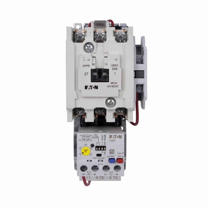 Eaton AN19DN0B5E020 Freedom NEMA motor control starter,NEMA Non-reversing Freedom Series starter,With C440 EOLR Std Feature set,SEL Reset,SEL Class (10A,10,20,30),240V/60 Hz or 220V/50 Hz coil voltage,Horizontal mount,27A,4-20A fla range,Size 1