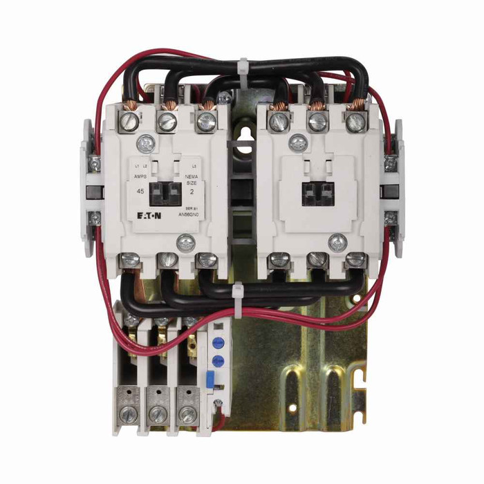Eaton AN56GN0AB Freedom NEMA motor control starter, Reversing Reset Overload Relay Starter, 3 hp at 115V, 7-1/2 hp at 230V, 10 hp at 208V, 15 hp at 240V, 25 hp at 480,600V maximum horsepower, 120V/60 Hz or 110V/50 Hz coil voltage, 45A, Three-pole