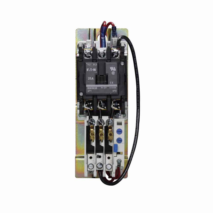 Eaton B27CNC25AP40 definite purpose starter, 575 V, 25 A, Coil: 110-120 V, 50/60 Hz, 0.24-0.4 FLA, Common control wiring, Open with metal mounting plate, 25 A IFL, 2 poles, Single-phase, B27, Screw/pressure plate, Non-reversing