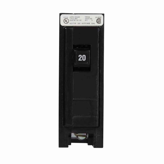 Eaton BAB1020L1 BAB thermal magnetic circuit breaker,Quicklag industrial thermal-magnetic circuit breaker,Bolt-on mounting,20 A,10 kAIC,Single-pole,120/240 V,Non-Interchangeable,Q7,BAB,120/208/240 V Shunt trip