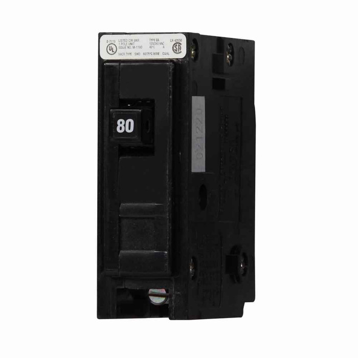 Eaton BAB1080 Quicklag Industrial Thermal-Magnetic Circuit Breaker, Single-pole, Non-Interchangeable, 80A, 10 kAIC, 120/240V