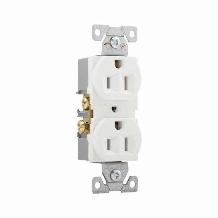 Eaton BR15W commercial specification grade duplex receptacle, #14-10 AWG, 15A, Commercial, Flush, 125V, Back and side, White, Brass, High-impact nylon, PVC, 5-15R, Duplex, Screw, PVC, Core pack