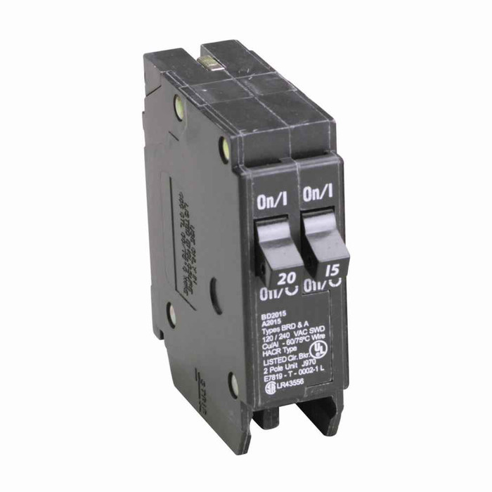 Eaton BD2015 BR thermal magnetic circuit breaker,Type BD 1-Inch CTL plug-on circuit breaker,Includes rejection tab feature,20-15 A,10 kAIC,Single-pole,120V,BD,#14-4 AWG Cu/Al,BD,Type BR Loadcenters