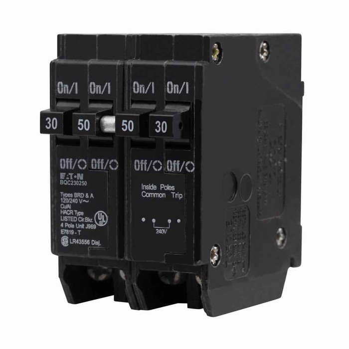 Eaton BQC230250 BR thermal magnetic circuit breaker,Type BQC 1-Inch CTL plug-on circuit breaker,Includes rejection tab feature,(1) Two-Pole 30 A, (1) Two-Pole 50 A,10 kAIC,Four-pole,120/240V,BQC,Common breaker trip,#14-4 AWG Cu/Al,BQC